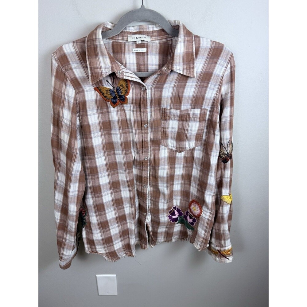Miss Me Vintage Plaid Floral Embroidered Flannel Button Long Sleeve Shirt S Y2k